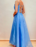 Vintage A Line Spaghetti Strap Beaded Blue Tulle Satin Prom Dress Evening Dress HZ1023