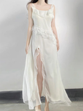 Sexy White Chiffon Long Prom Dress Slit Evening Dress HZ1023