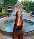 Elegant Mermaid Straps Brown Satin Long Sweep Prom Dress Evening Dress HZ1023