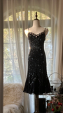 Stunning Mermaid Spaghetti Strap Beaded Black Chiffon Short Homecoming Dress Cocktail Dress HZ1023