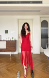 Flowy Red A Line Spaghetti Strap Chiffon Prom Dress Outfits with Slit HZ1023