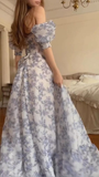 Blue Chiffon Floral Off The Shoulder Prom Dress Slit Evening Gown HZ1023
