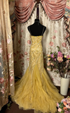 Retro Gold Mermaid Spaghetti Strap Beaded Tulle Long Prom Dress Evening Dress HZ1023