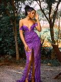 Unique Mermaid Strapless Purple Beaded Velvet Tulle Prom Dress Evening Dress HZ1023