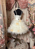 Cute White A Line Spaghetti Strap Floral Lace Tulle Homecoming Dress Cocktail Dress HZ1023