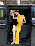 Sexy Bright Yellow Sheath Halter Satin Open Back Prom Dress Evening Dress with Slit HZ1023