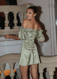 Sage Green A Line Off the Shoulder Satin Mini Homecoming Dress HZ1023