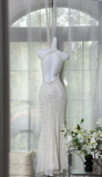 Vintage Mermaid Halter Beaded White Chiffon Prom Dress Wedding Guest Dress HZ1023
