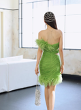Green Feahter Sexy Sheath One Shoulder Pleated Satin Outfit Party Dress Homecoming Dress HZ1023