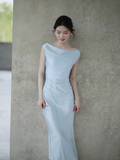 Gentle Baby Blue Sheath Straps Pleated Satin Prom Dress Evening Dress HZ1023