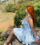 Princess A Line Sweetheart Neck Sky Blue Satin Short Homecoming Dress Birthday Dress HZ1023