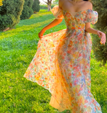 Unique Print Floral A Line Off the Shoulder Chiffon Long Prom Dress Party Dress HZ1023