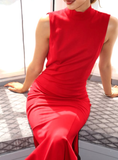 Elegant Sheath Round Neck Red Satin Open Back Prom Dress Evening Dress HZ1023