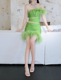 Green Feahter Sexy Sheath One Shoulder Pleated Satin Outfit Party Dress Homecoming Dress HZ1023