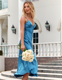 Simple Sheath Spaghetti Strap Green Satin Bridesmaid Dress Evening Dress with Slit HZ1023