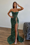 Charming Dark Green Sleeveless Sequins Mermaid Slit Long Prom Dress HZ1023