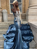 Blue Velvet Appliques Bead Meemaid Long Prom Dress Formal Evening Dress HZ1023