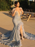Gorgeous Mermaid Deep V Neck Beaded Feather Long Sweep Prom Dress Evening Dress HZ1023