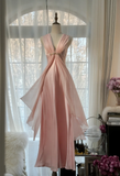 Classy A Line V Neck Beaded Pink Chiffon Satin Long Party Dress Evening Dress HZ1023
