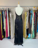 Vintage Sheath Spaghetti Strap Lace Champagne Satin Party Dress Evening Dress with Slit HZ1023