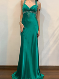 Vintage Sheath V Neck Sequin Beaded Green Satin Open Back Prom Dress Evening Dress HZ1023
