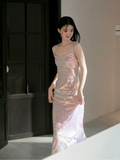 Shiny Pink Sheath Straps Rhinestone Sequin Prom Dress Evening Dress Party Dress HZ1023