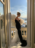 Elegant Mermaid Sweetheart Neck White Tulle Black Satin Prom Dress HZ1023