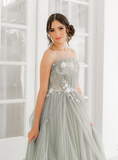 Pretty A Line Strapless Appliques Grey Tulle Long Prom Dress Evening Dress HZ1023