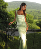 Green Mermaid Ruffle Straps Satin Long Prom Dress Vacation Dress Party Dress HZ1023
