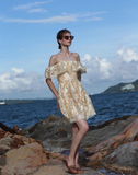 Golden A Line Off the Shoulder Lace Short Homecoming Dress Vacation Dress Outfits HZ1023