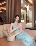 Gentle Baby Blue A Line Halter Beaded Chiffon Open Back Evening Dress Party Dress HZ1023