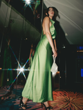 Charming A Line Halter Green Satin Long Open Back Prom Dress Evening Dress HZ1023
