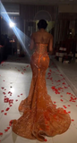 Gorgeous Orange Beaded Applique Mermaid Evening Dress Long Prom Dress HZ1023