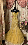 Retro Gold Mermaid Spaghetti Strap Beaded Tulle Long Prom Dress Evening Dress HZ1023