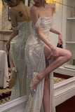 Shiny A Line Off the Shoulder Sequin Long Prom Dress Evening Dress with Slit HZ1023