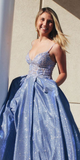 Chic Blue Satin Appliques Long Evening Dress Prom Dress HZ1023