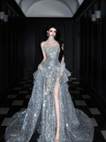Silver Sequin Shiny Ball Gown Strapless Long Sweep Prom Dress Evening Dress Party Dress HZ1023