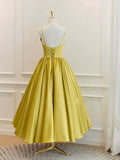 Simple Spaghetti Strap Bow Yellow Satin Tea Length Homecoming Dress HZ1023