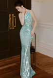 Shiny Blue Sequin One Shoulder Rhinestone Prom Dress Evening Dress Open Back HZ1023