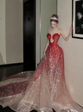 Mermaid Sweetheart Neck Red Ombre Sequin Tulle Long Prom Dress Graduation Prom Dress HZ1023