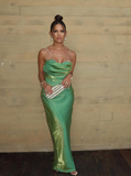 Stunning Green Sheath Spaghetti Strap Satin Long Prom Dress Party Dress HZ1023