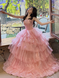 Pink Ball Gown Strapless Corset Layered Organza Prom Dress 16th Birthday Dress HZ1023