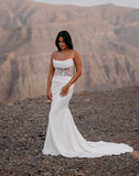Simple Mermaid Spaghetti Strap Corset Appliques White Satin Long Wedding Dress HZ1023