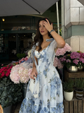 Blue Print Floral A Line Spaghetti Strap Tea Length Chiffon Homecoming Dress Cocktail Dress Outfits HZ1023
