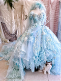 Exquisite Romantic Blue Floral A Line Beaded Lace Tulle Prom Dress Party Dress HZ1023