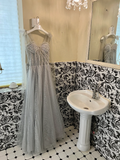 Grey A Line Spaghetti Strap Beaded Corset Tulle Prom Dress Evening Dress HZ1023