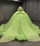 Romantic Poofy Off the Shoulder Beaded Green Tulle Ball Gown Quinceanera Dress HZ1023