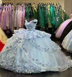 Light Blue Sparkly Off The Shoulder Appliques Prom Dress Quincea?era Dress Sweet 16 Prom Dress Ball Gown HZ1023