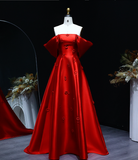 Elegant A Line Off the Shoulder 3D Flower Red Satin Prom Dress Evening Dress HZ1023