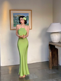 Simple Green Mermaid Straps Satin Open Back Long Prom Dress Vacation Dress HZ1023